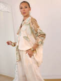 Women Autumn Print Loose Stand Collar Shirt & Wide-Leg Pants Set