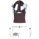 Women Autumn Ruched Metal Ring Halter Neck Strap Top