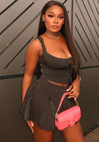 Women Street Style Striped Print Strap Crop Top & Skirt Two-Piece Set