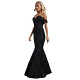 Women Formal Party Chic Sequin Solid Off-Shoulder Maxi Evening Dress