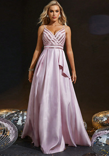 Women Formal Party V-Neck Strap Maxi Evening Dress