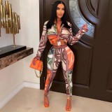 Women Sexy Buttoned Printed Two-Piece Pants Set