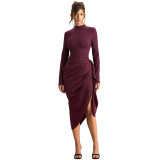 Women Autumn Winter Chic Elegant Solid Slim-Waist Asymmetric Midi Dress
