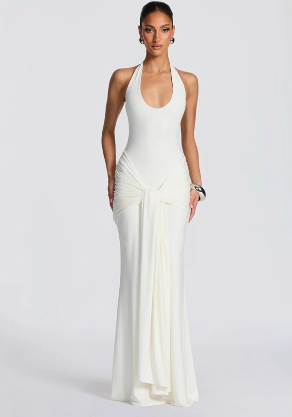 Women Ribbon Patchwork Halter Neck Slim-Fit Maxi Evening Dress