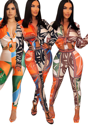 Women Sexy Buttoned Printed Two-Piece Pants Set