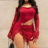 Women Autumn Sexy Lace Patchwork Off Shoulder Hollow Mini Dress