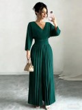Women Chic V-Neck Slim High-Waist Pleated Jumpsuit