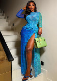Women Chic Printed Round Neck Slim-Fit Long-Sleeve Split Long Dress