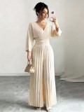 Women Chic V-Neck Slim High-Waist Pleated Jumpsuit