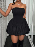 Women Summer Solid Sleeveless Strapless Slim Bubble Mini Dress