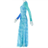 Women Chic Printed Round Neck Slim-Fit Long-Sleeve Split Long Dress