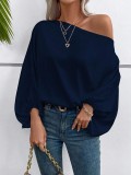 Women Winter Slash-Shoulder Satin Loose Asymmetric Shirt Top