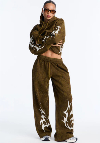 Women Flame Print Snakeskin Sports Two Piece Tracksuit Set