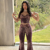Women Summer Sexy Leopard Print Slim-Fit Strap Top & Pants Set