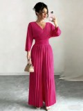 Women Chic V-Neck Slim High-Waist Pleated Jumpsuit