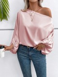 Women Winter Slash-Shoulder Satin Loose Asymmetric Shirt Top