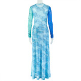 Women Chic Printed Round Neck Slim-Fit Long-Sleeve Split Long Dress