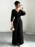 Women Chic V-Neck Slim High-Waist Pleated Jumpsuit