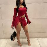 Women Autumn Sexy Lace Patchwork Off Shoulder Hollow Mini Dress