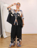 Women Autumn Print Loose Stand Collar Shirt & Wide-Leg Pants Set