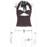 Women Autumn Ruched Metal Ring Halter Neck Strap Top