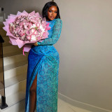 Women Chic Printed Round Neck Slim-Fit Long-Sleeve Split Long Dress