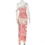 Women Printed Colorblock Slim-Waist Slash Shoulder Slim Fit Long Dress