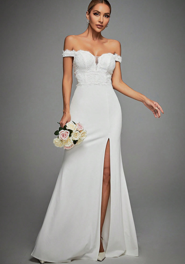 Women Spring Sexy Off-Shoulder High-Slit Chic Wedding Dress