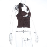 Women Autumn Ruched Metal Ring Halter Neck Strap Top