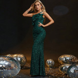 Women Spring Dark Green One-Shoulder Low Back Sequin Mermaid Evening Dress