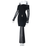 Women Off-Shoulder Low Back Mesh Patchwork Long-Sleeve Mini Dress