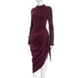 Women Autumn Winter Chic Elegant Solid Slim-Waist Asymmetric Midi Dress