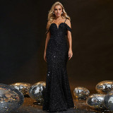 Women Formal Party Chic Sequin Solid Off-Shoulder Maxi Evening Dress