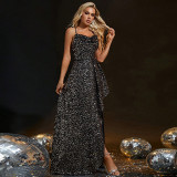 Women Spring Summer Black High-Slit Strap Low Back Evening Dress