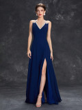 Women Summer Solid Deep V Sleeveless Slit Formal Maxi Evening Dress