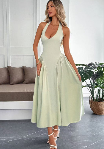 Women Chic Lace-Up Halter Neck Low Back Evening Dress