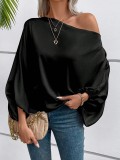 Women Winter Slash-Shoulder Satin Loose Asymmetric Shirt Top