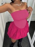 Women Summer Solid Sleeveless Strapless Slim Bubble Mini Dress