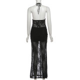 Women Autumn Winter Sexy Lace Patchwork Halter Neck Split Maxi Dress