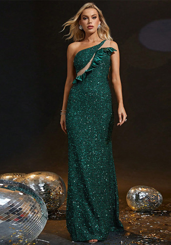 Women Spring Dark Green One-Shoulder Low Back Sequin Mermaid Evening Dress