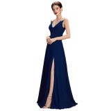 Women Summer Solid Deep V Sleeveless Slit Formal Maxi Evening Dress