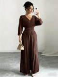 Women Chic V-Neck Slim High-Waist Pleated Jumpsuit