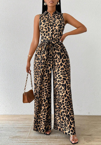 Women Autumn Winter Sexy Sleeveless Leopard Print Jumpsuit