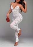 Women Sexy Lace V-Neck Halter Tie Low Back Slim-Fit Jumpsuit
