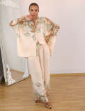Women Autumn Print Loose Stand Collar Shirt & Wide-Leg Pants Set
