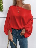 Women Winter Slash-Shoulder Satin Loose Asymmetric Shirt Top