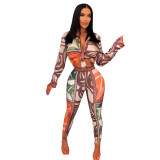 Women Sexy Buttoned Printed Two-Piece Pants Set