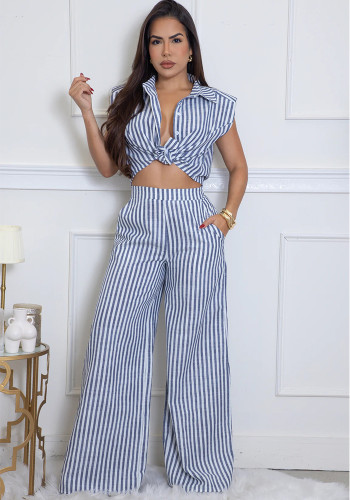 Women Striped Print Turndown Collar Sleeveless Shirt Top and Wide-Leg Pants Two-Piece Set