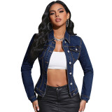 Fashionable Women's Long Sleeve Turndown Collar Pocket Denim Jacket