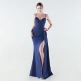 Women satin fishbone lace-up beaded evening dress